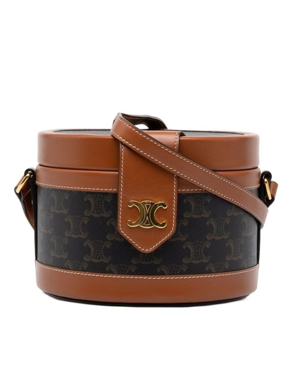 Celine Triomphe Tambour Medium Shoulder Bag Black Brown Leather